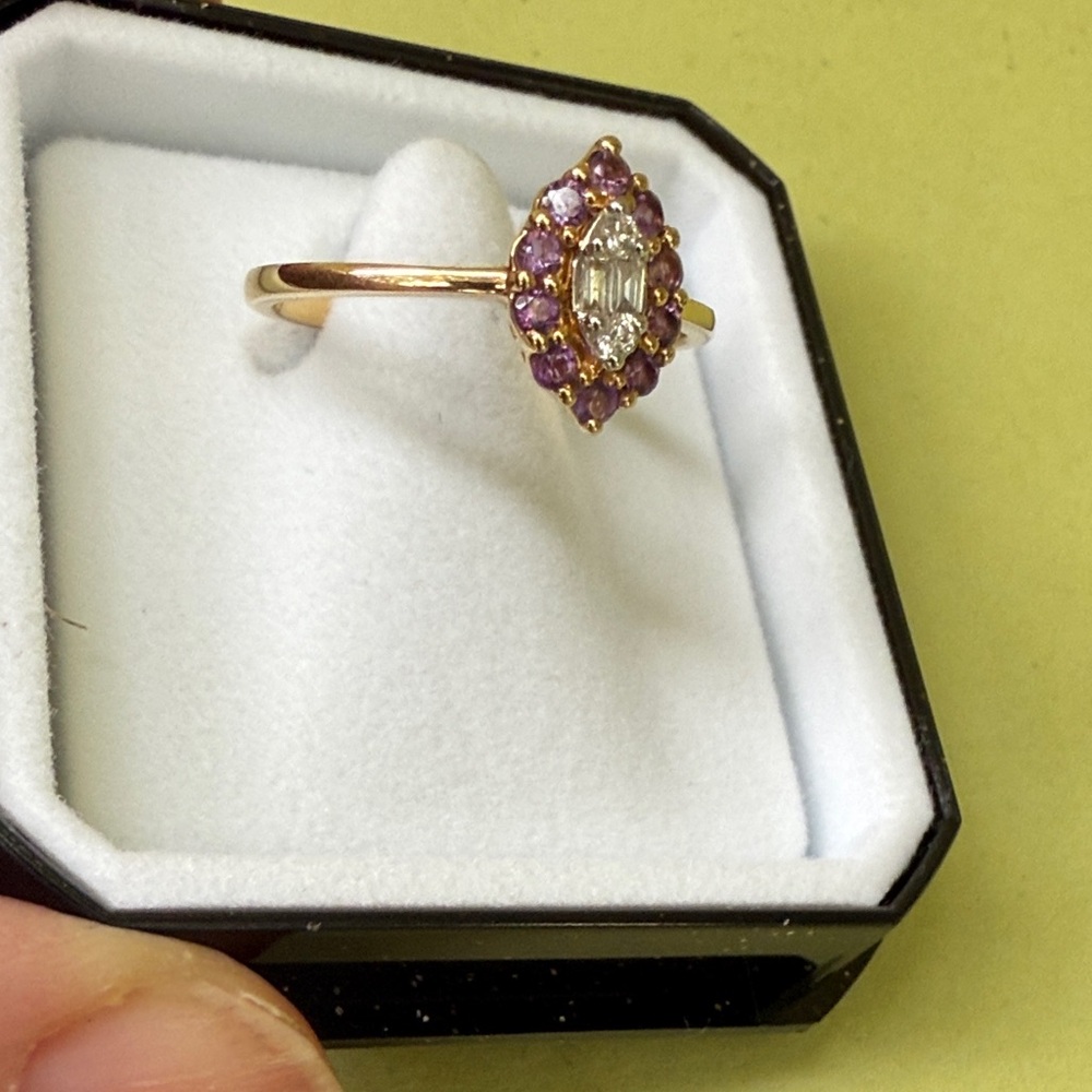 New in box 18K Gold Natural Diamonds and Natural Amethyst Gemstone Ring